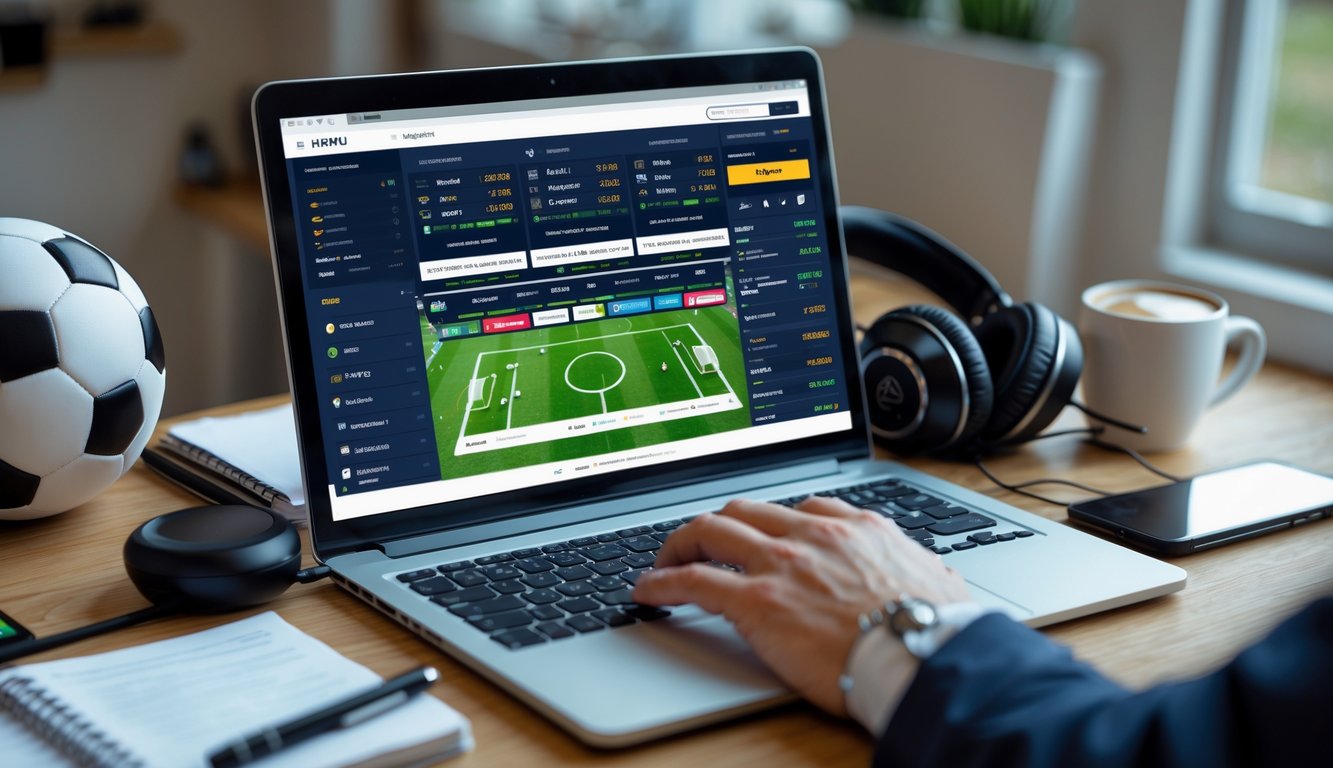 Meja kerja dengan laptop yang menampilkan situs taruhan sepak bola online, bola sepak, dan ponsel dengan pembaruan pertandingan langsung.