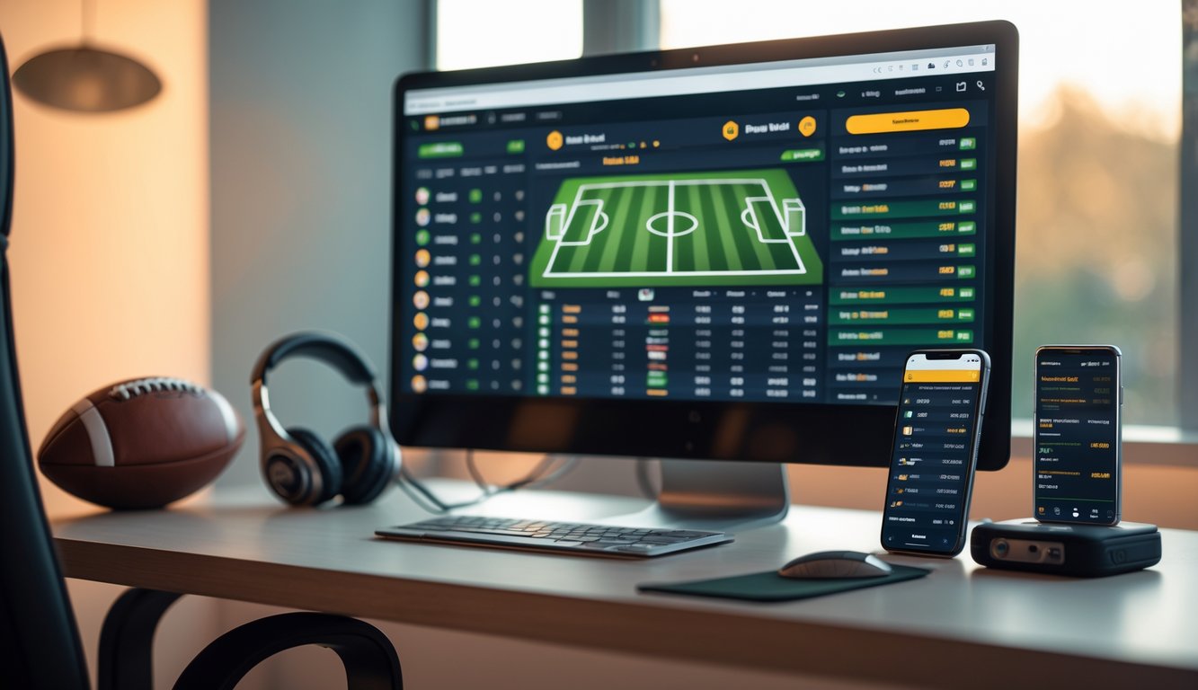 Meja kerja modern dengan komputer menampilkan antarmuka taruhan sepak bola online dan beberapa perlengkapan sepak bola di sekitarnya.