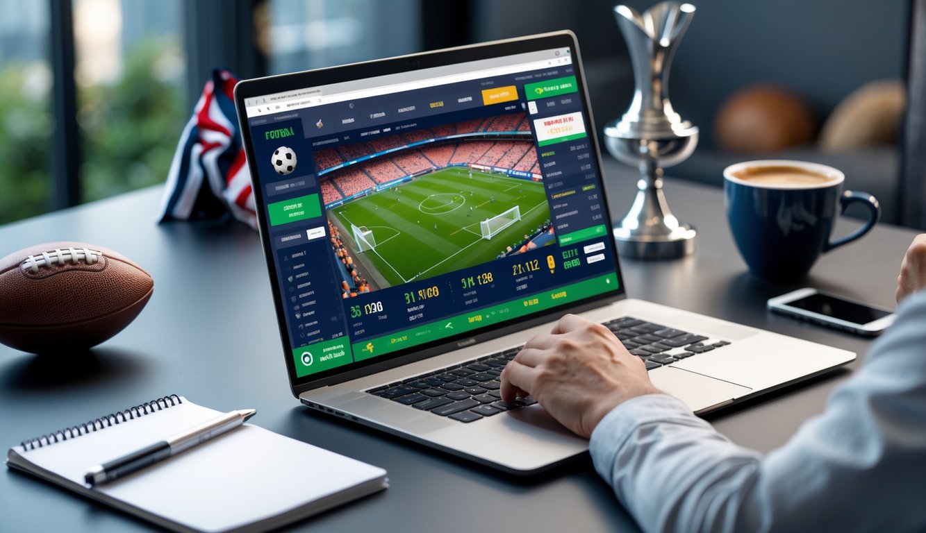 Seorang pria menggunakan laptop dan ponsel untuk taruhan sepak bola online dengan pertandingan sepak bola sedang berlangsung di layar.