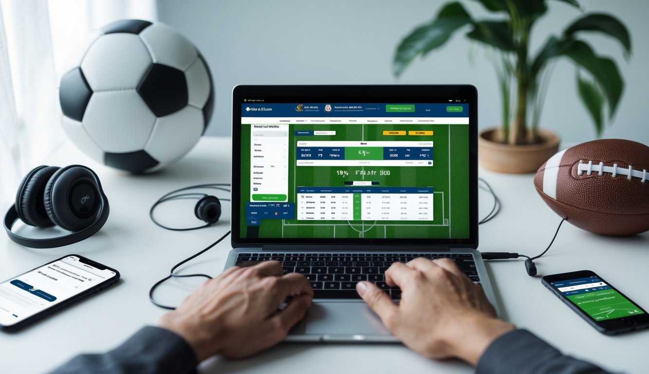 Seseorang menggunakan laptop di meja dengan bola sepak dan ponsel, menampilkan suasana taruhan sepak bola online.