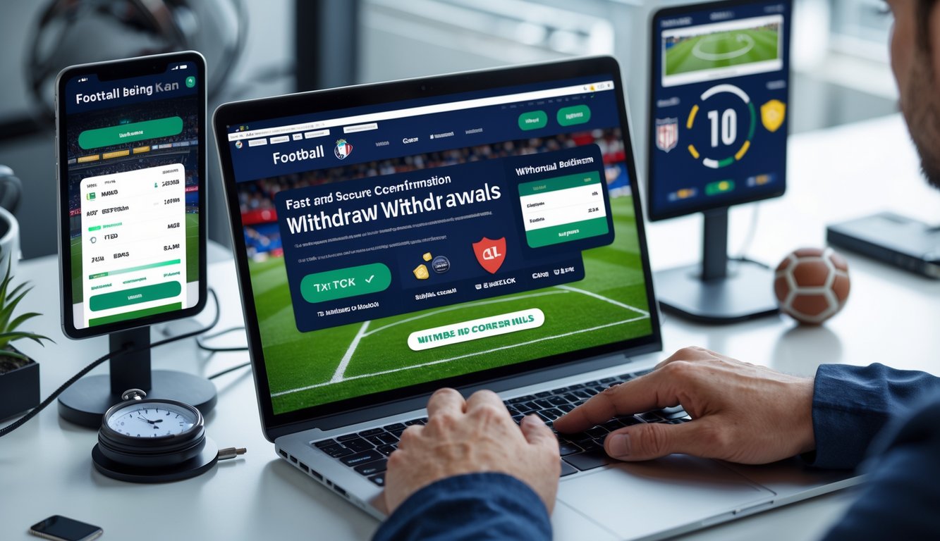 Seseorang menggunakan laptop dengan tampilan situs taruhan sepak bola online, menunjukkan proses penarikan dana yang cepat dan aman.