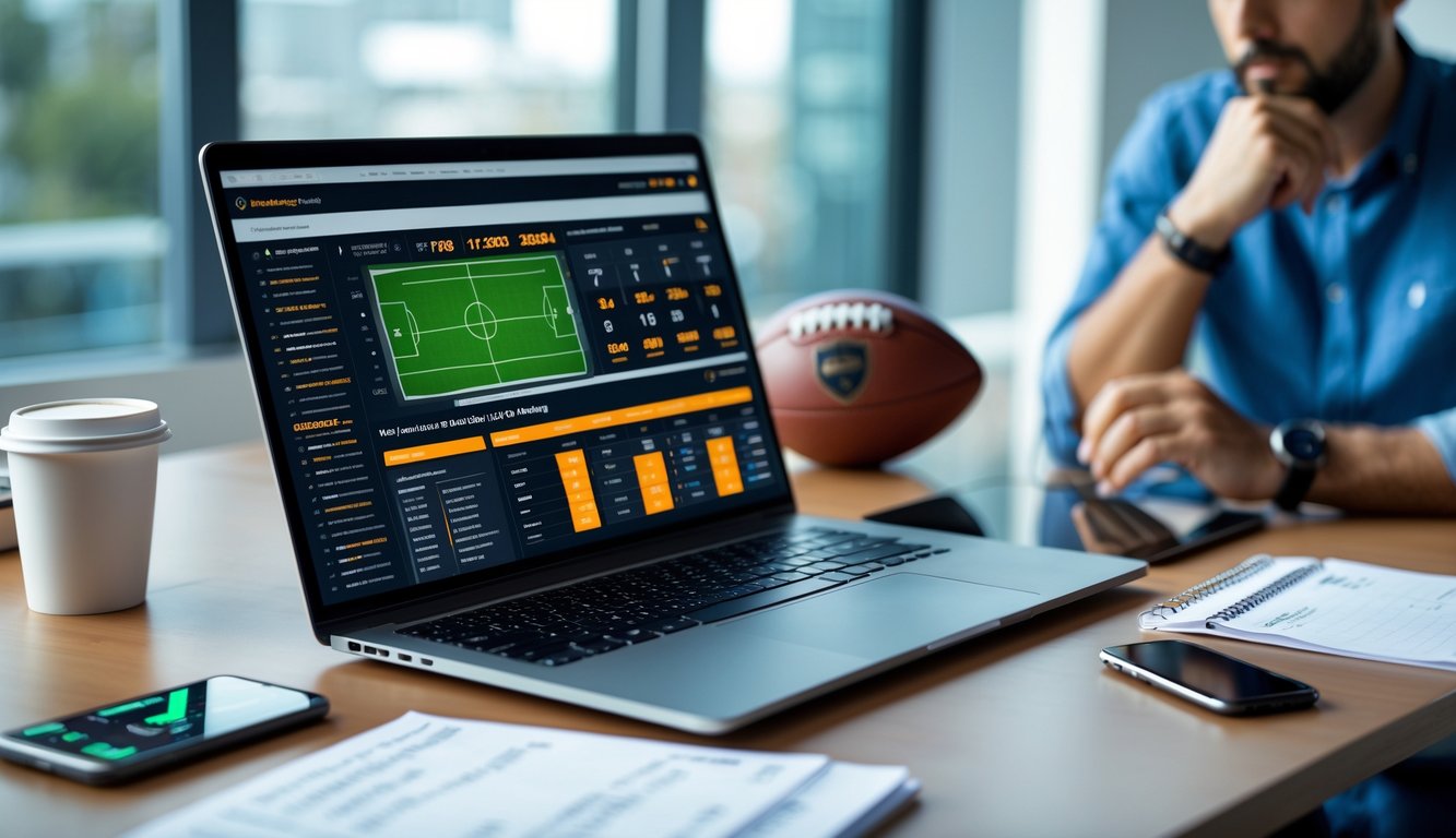 Seseorang sedang menganalisis data taruhan sepak bola online di meja kerja dengan laptop, smartphone, dan bola sepak di sekitar.
