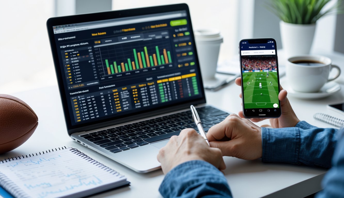 Meja kerja dengan laptop menampilkan statistik sepak bola, smartphone dengan pertandingan sepak bola langsung, dan tangan seseorang yang menunjuk layar laptop sambil memegang pena.