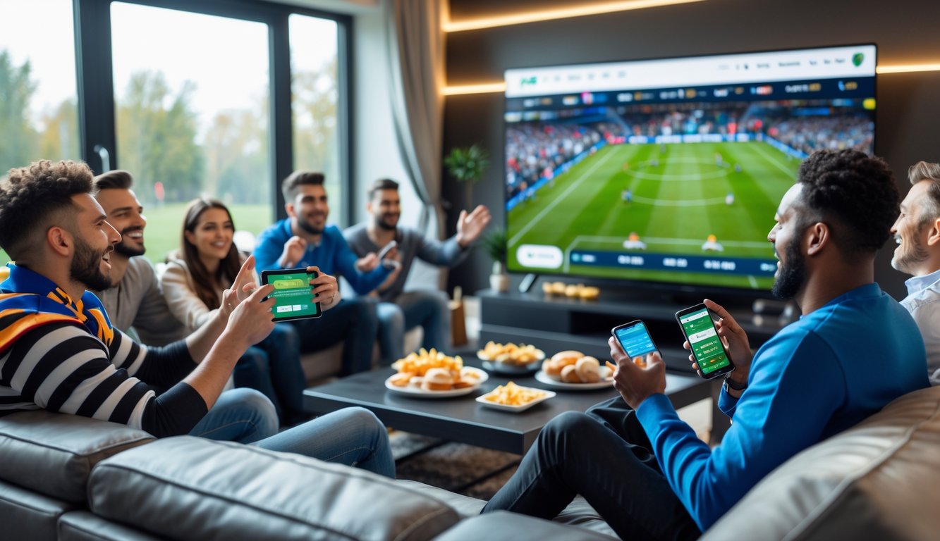 Sekelompok orang menonton pertandingan sepak bola di ruang tamu sambil menggunakan perangkat untuk taruhan online.