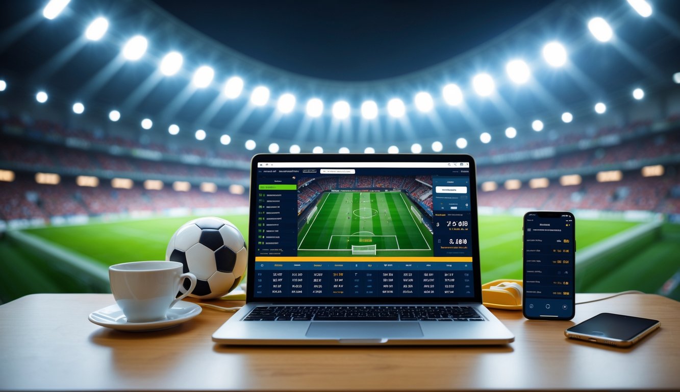 Suasana kerja modern dengan laptop menampilkan statistik taruhan sepak bola dan bola sepak di meja, latar belakang stadion sepak bola dengan penonton ramai.