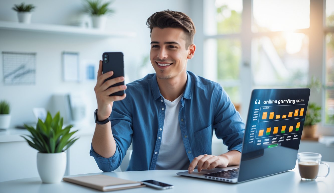 Seorang dewasa muda duduk di meja kerja dengan laptop dan ponsel, tersenyum sambil melihat layar komputer di ruang kerja rumah yang terang.