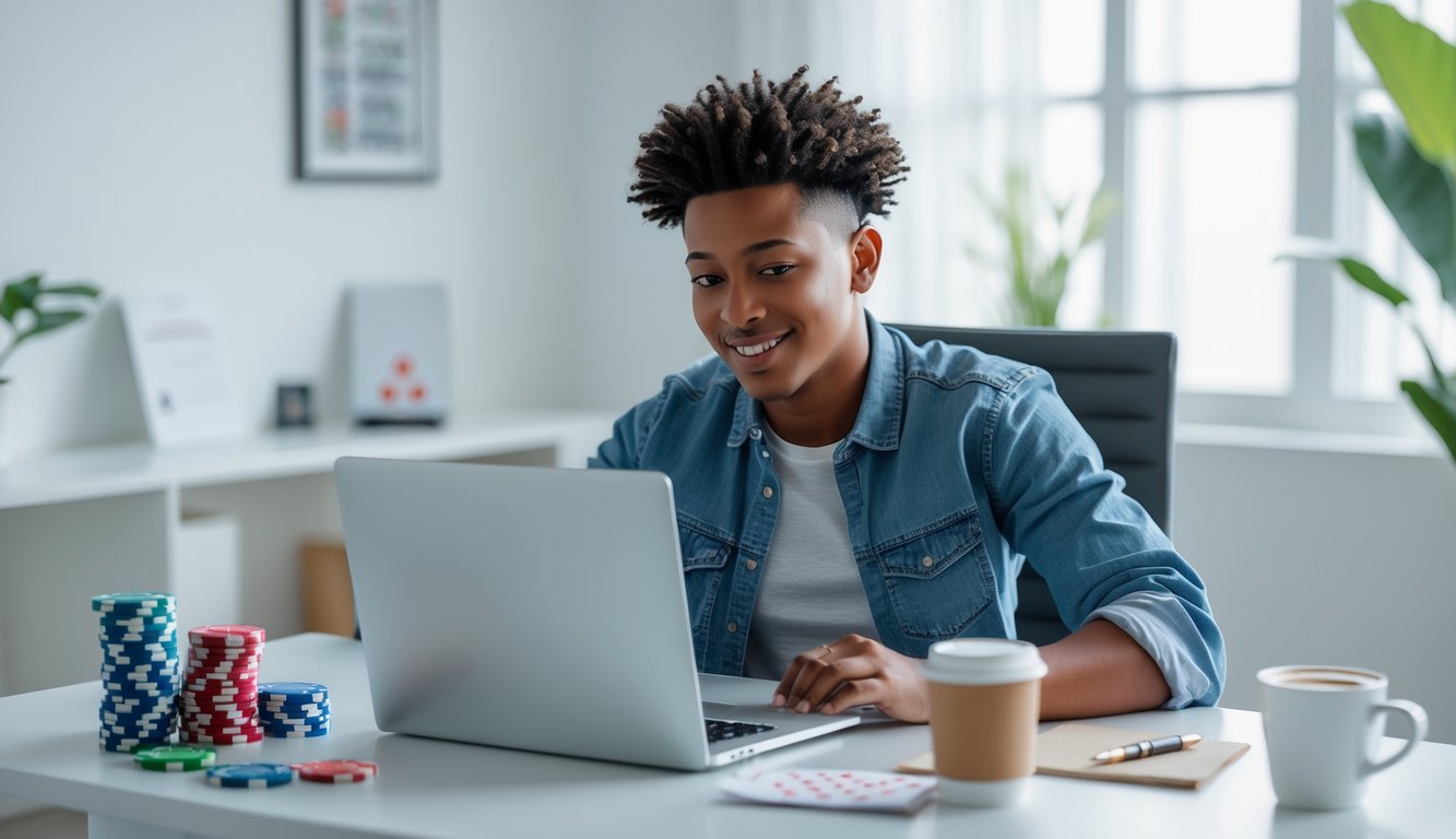 Seorang pemuda duduk di meja modern menggunakan laptop untuk berjudi online dengan suasana ruangan yang terang dan rapi.