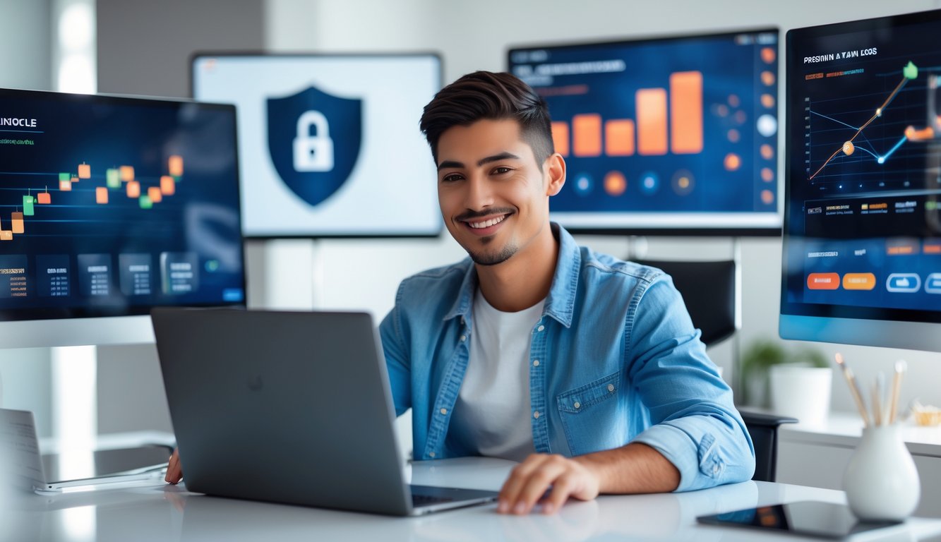 Seorang pria muda duduk di meja dengan laptop di ruang kantor rumah yang terang, tersenyum sambil melihat layar komputer.