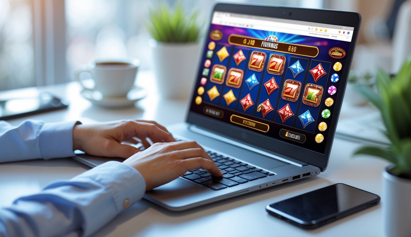 Seseorang menggunakan laptop dengan layar menampilkan permainan judi online di meja kerja yang rapi.