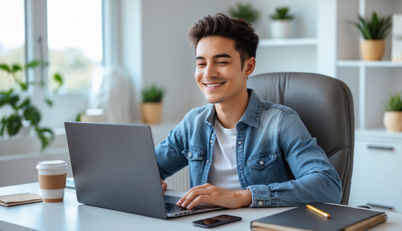 Seseorang duduk di meja dengan laptop, tersenyum santai dan terlihat percaya diri saat bermain judi online di ruang kerja yang terang dan rapi.