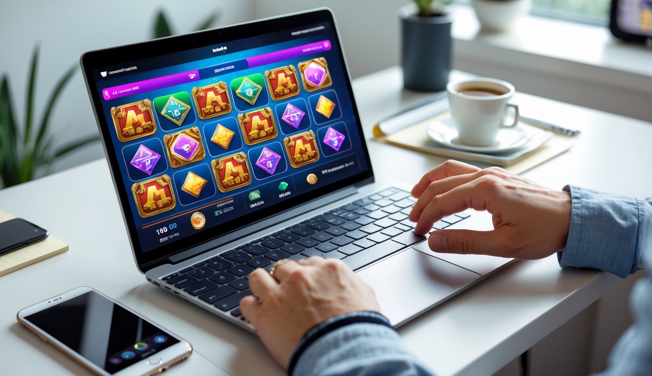 Seseorang menggunakan laptop di meja kerja yang rapi dengan tampilan permainan judi online di layar.