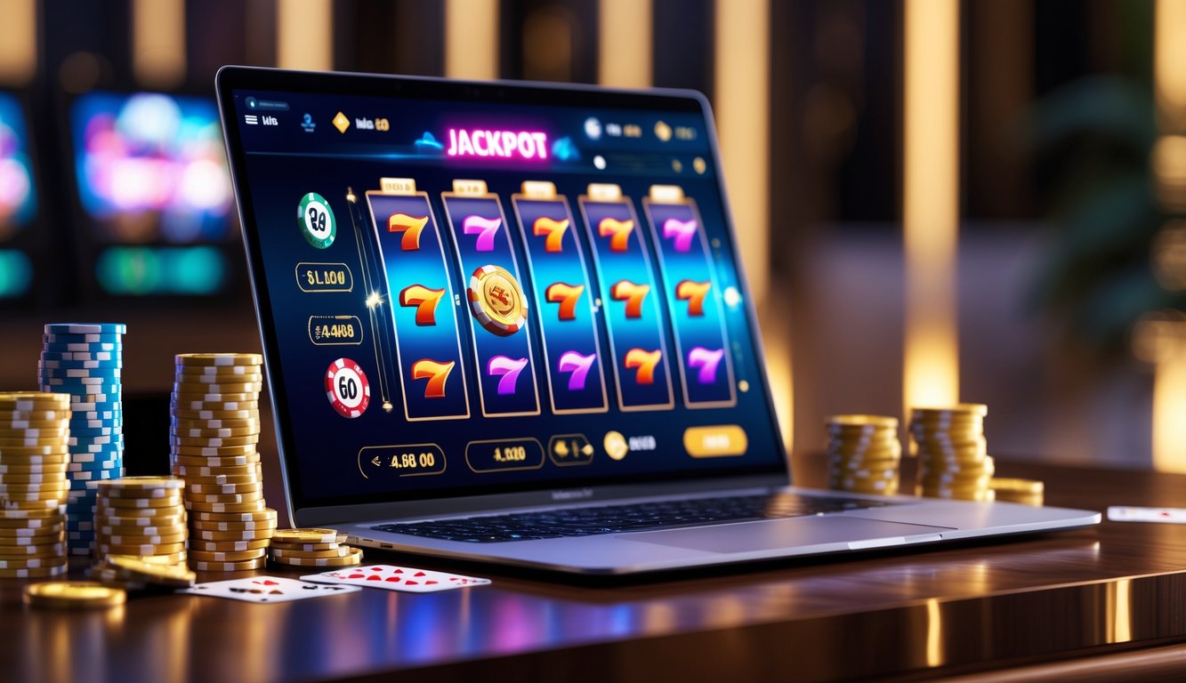 Sebuah laptop di atas meja kayu dengan tampilan permainan judi online dan chip poker serta koin emas di sekitarnya.