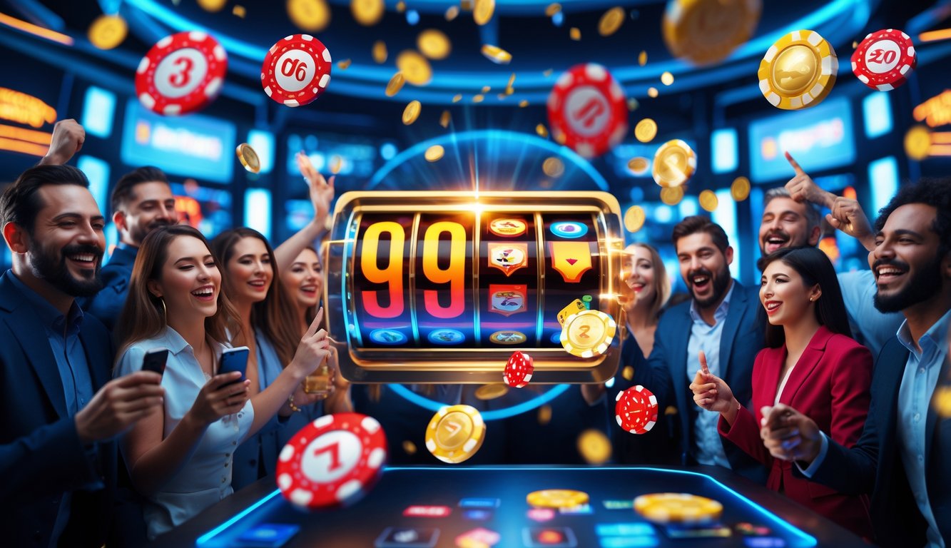 Orang-orang merayakan kemenangan dengan antusias di depan layar digital yang menampilkan angka jackpot besar dan elemen permainan judi seperti kartu dan chip.