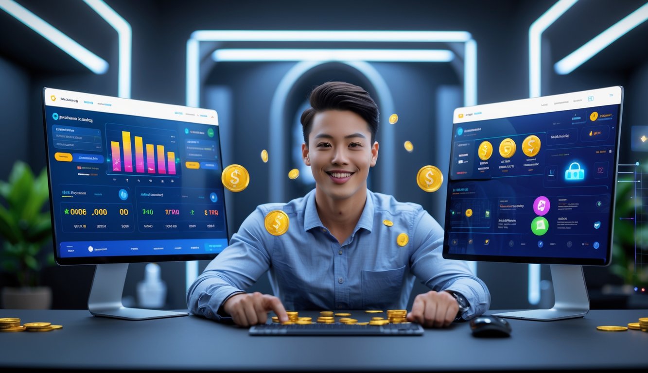 Seorang dewasa muda duduk di meja dengan beberapa perangkat digital yang menampilkan antarmuka judi online dan notifikasi transaksi cepat, di ruangan yang terang dan modern dengan simbol keamanan.