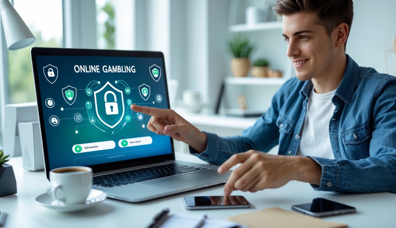 Seorang dewasa muda menggunakan laptop dan ponsel di ruang kerja modern yang terang, dengan simbol keamanan digital di latar belakang, menggambarkan pengalaman judi online yang aman dan cepat.