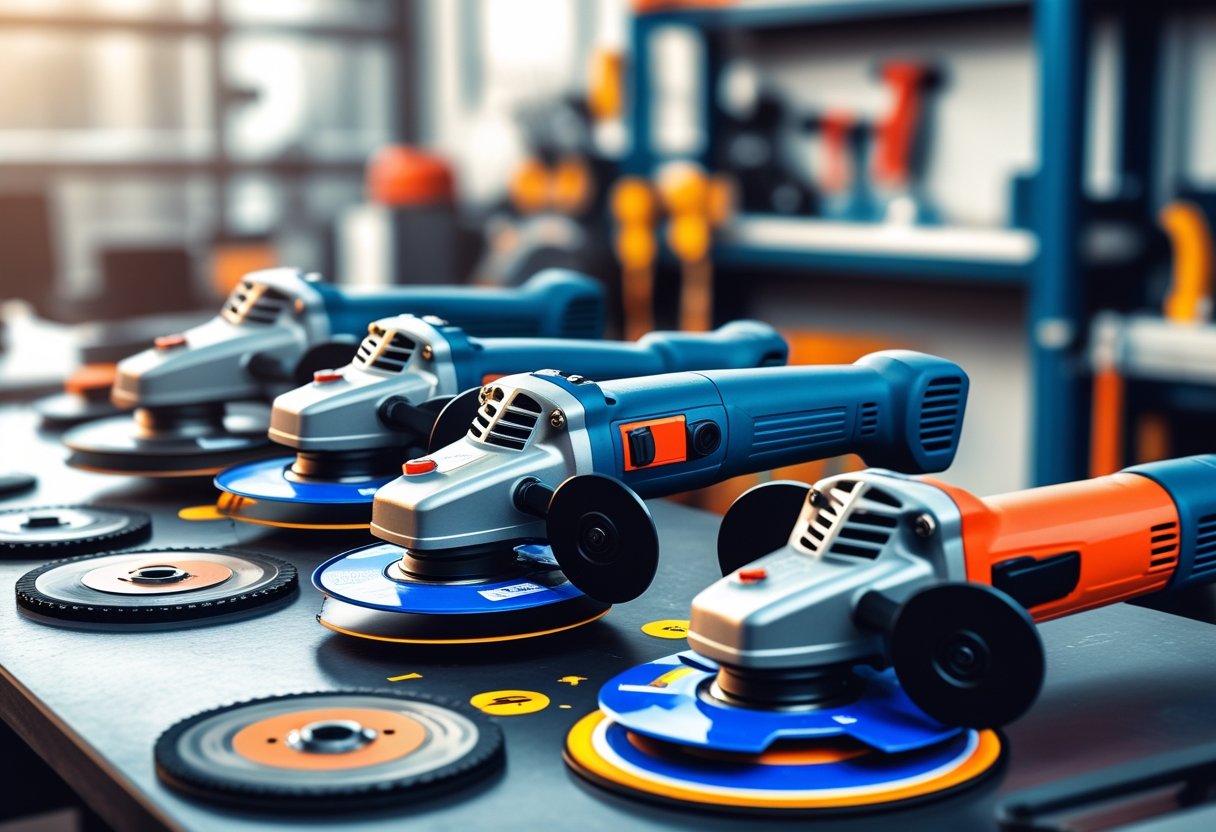A variety of affordable angle grinders displayed on a workbench in a workshop setting, highlighting their key features and designs.