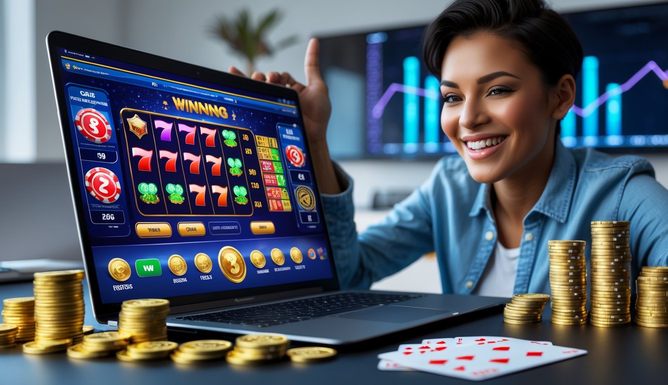 Seseorang sedang menggunakan laptop dengan tampilan permainan judi online dan tumpukan chip poker serta koin emas di meja.