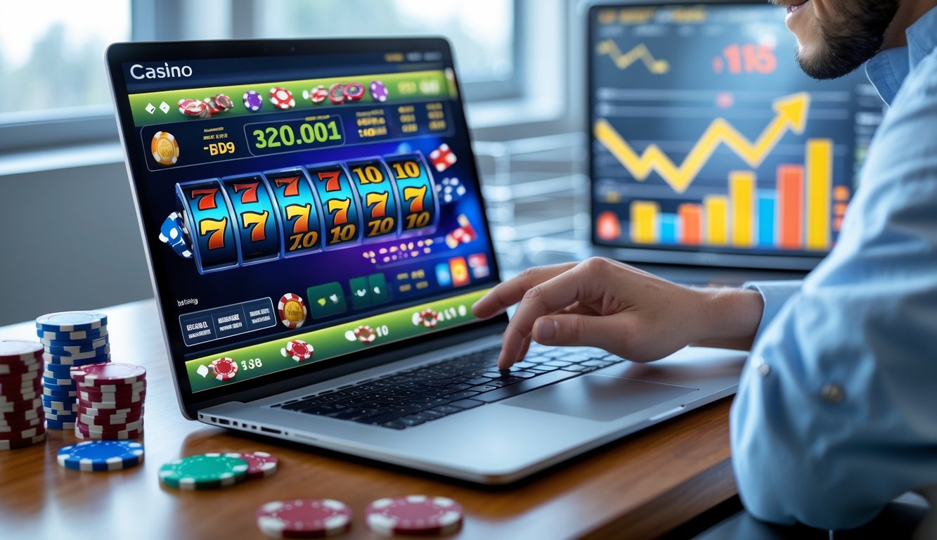 Seseorang menggunakan laptop dengan tampilan permainan judi online di meja kerja modern dengan chip poker dan kartu remi.