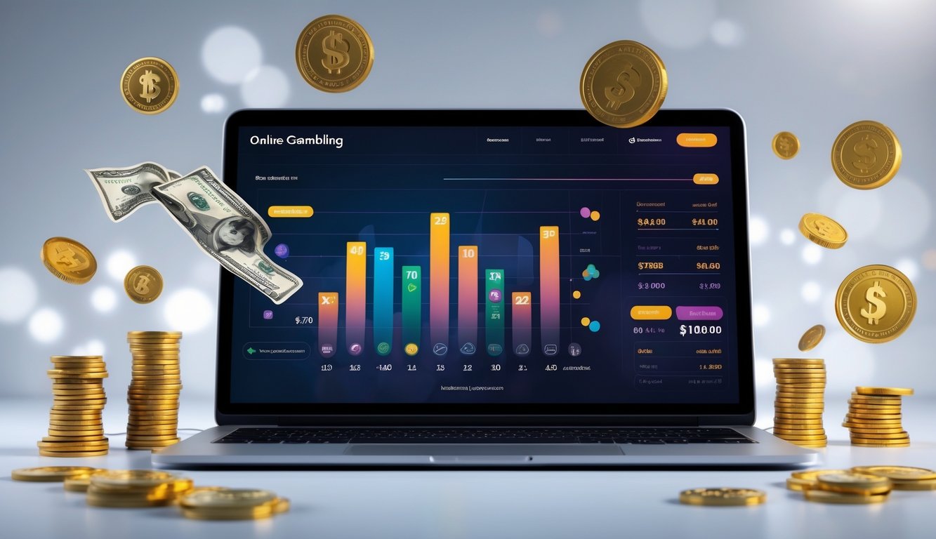Seorang pria menggunakan laptop dengan tampilan situs judi online yang menunjukkan potensi keuntungan, dikelilingi oleh simbol uang digital.