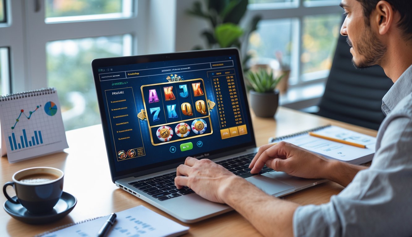 Seorang individu sedang menggunakan laptop untuk bermain judi online di ruang kerja rumah yang rapi dengan cahaya alami.