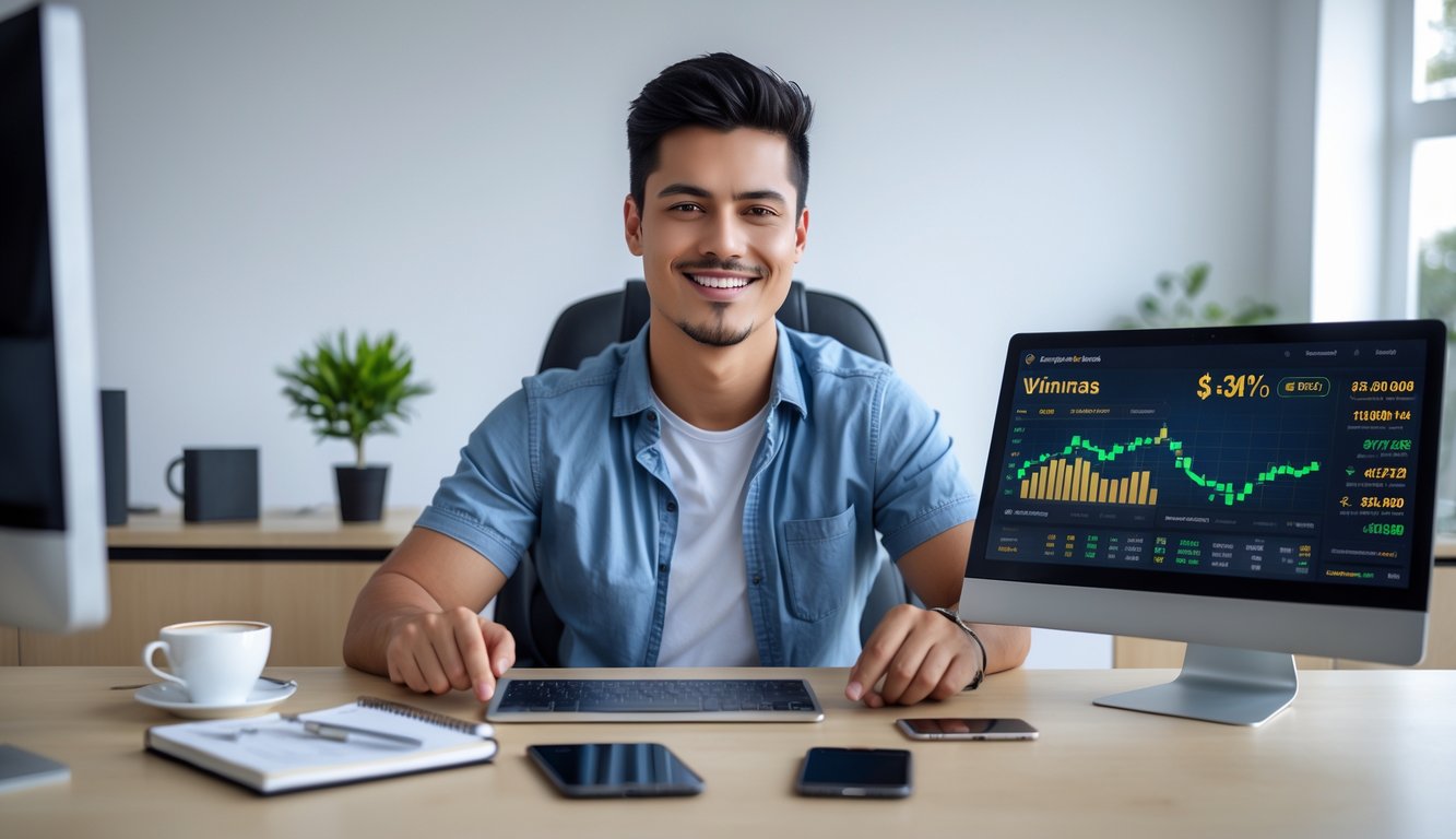 Seorang pria muda duduk di meja kerja dengan laptop dan ponsel, terlihat fokus dan senang sambil menggunakan aplikasi judi online.