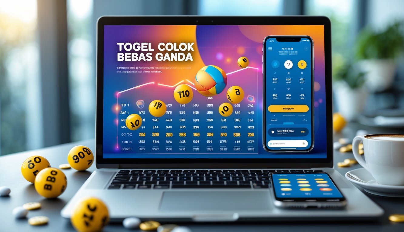 Seorang pengguna bekerja dengan laptop dan smartphone yang menampilkan angka togel dan grafik di meja kerja modern.
