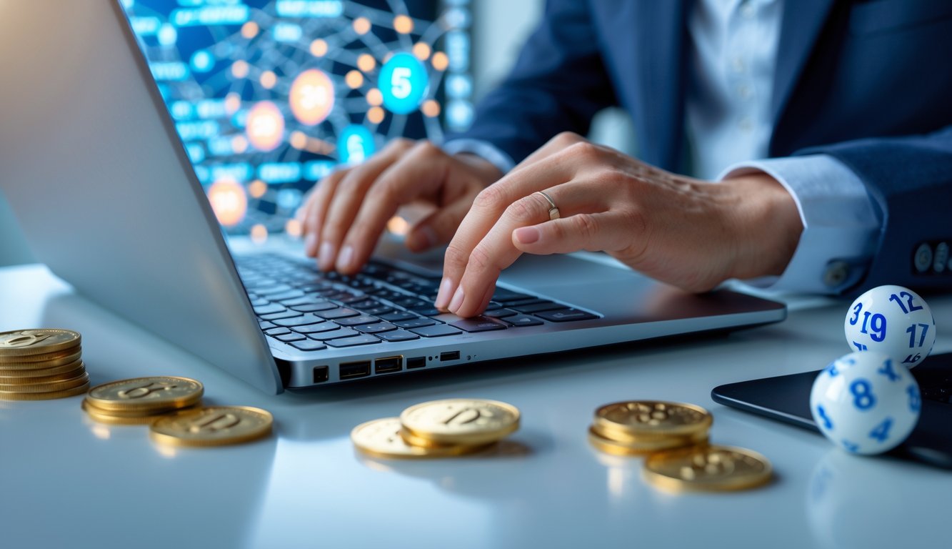 Seseorang menggunakan komputer di meja dengan koin emas dan bola lotere di sekitar, menunjukkan konsep permainan togel online yang terpercaya.