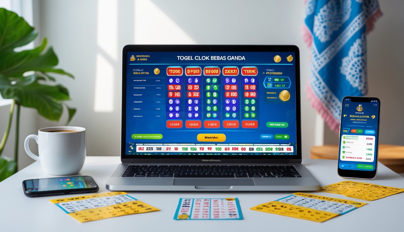 Seorang pria menggunakan laptop di meja kerja dengan tampilan antarmuka permainan togel online dan beberapa tiket togel di sekitarnya.