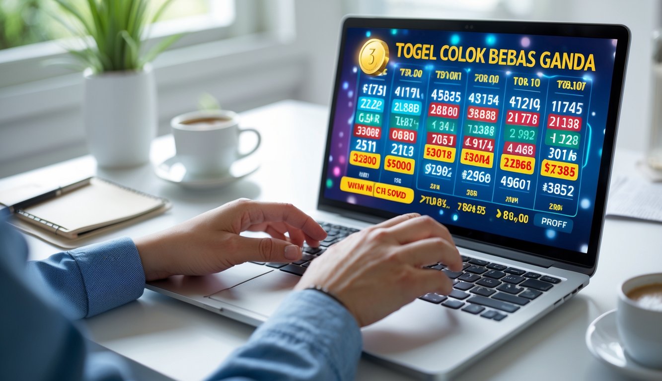 Seseorang menggunakan laptop atau ponsel untuk bermain togel online di ruang kerja yang rapi dan terang.