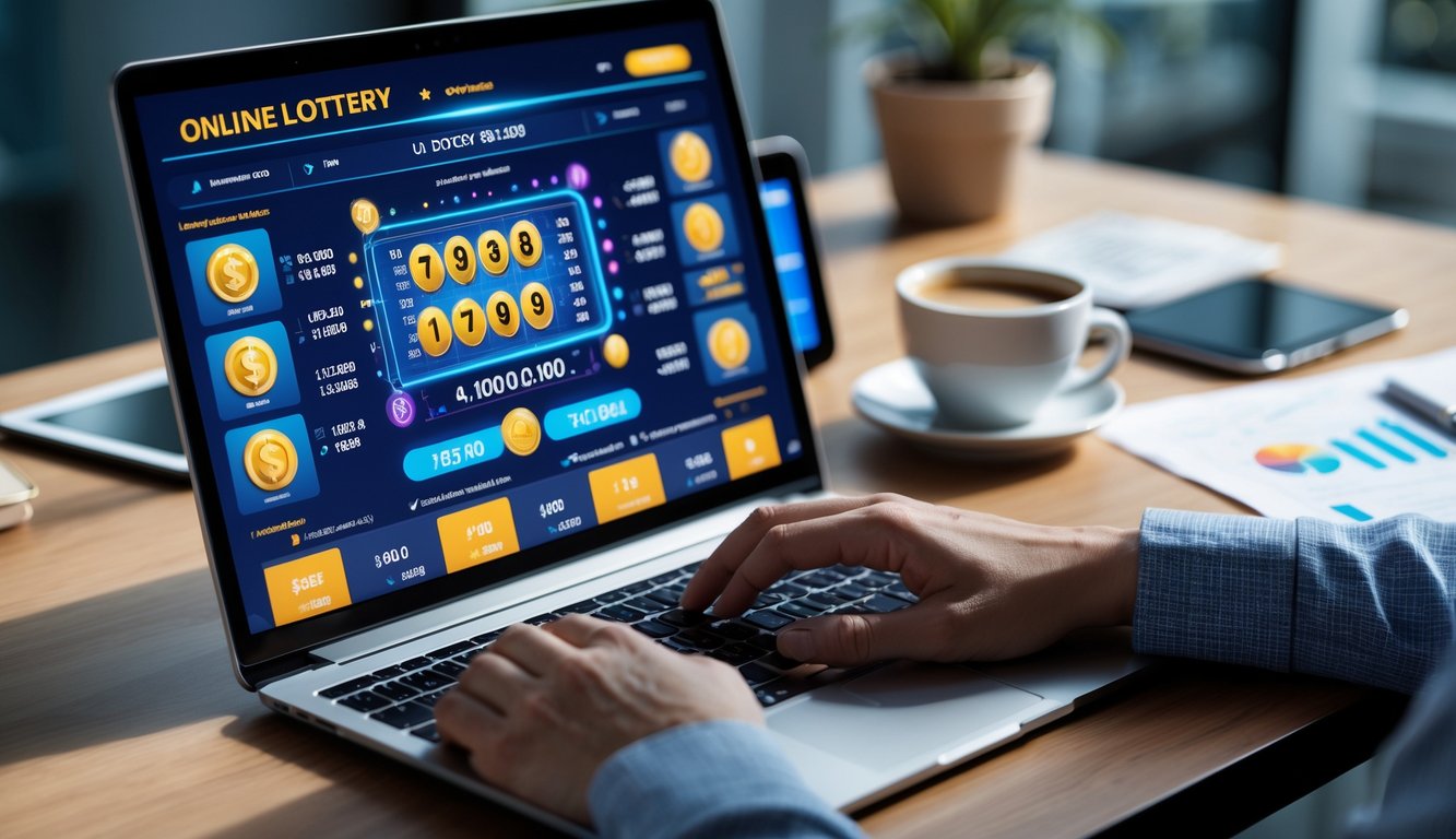 Seorang profesional sedang menggunakan laptop dengan tampilan permainan togel online di meja kerja yang rapi.