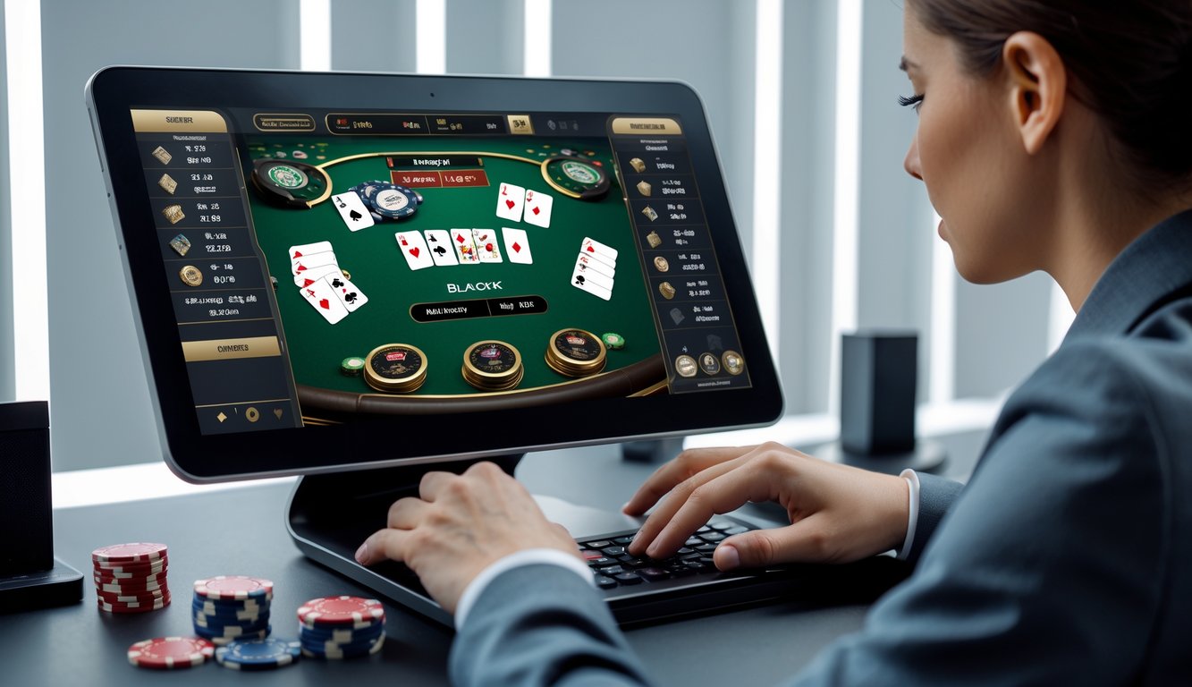 Seseorang sedang bermain blackjack online dengan beberapa tangan kartu di layar komputer.