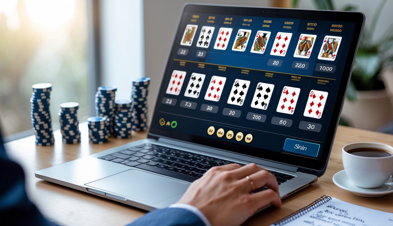 Seorang pemain sedang bermain multi-hand blackjack online di komputer dengan tumpukan chip poker dan catatan strategi di meja.