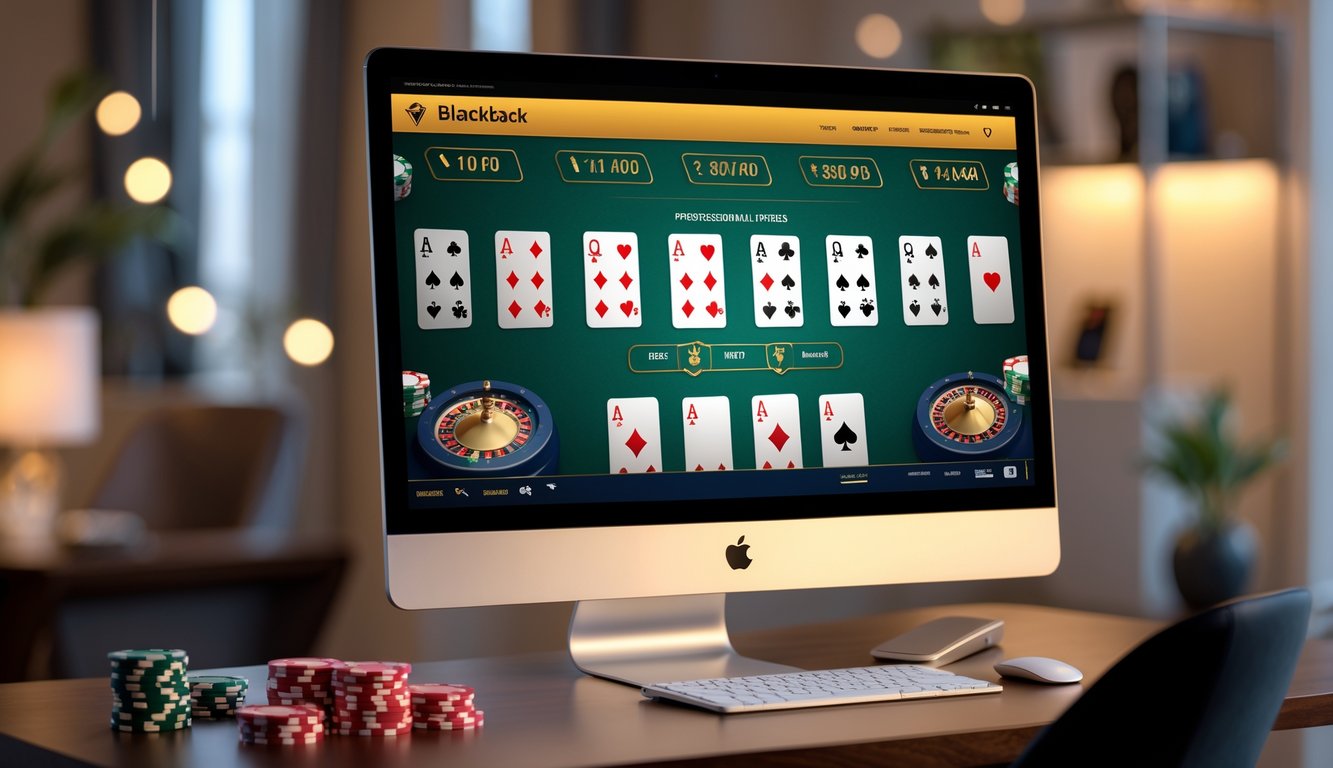 Seseorang menggunakan laptop dengan tampilan permainan blackjack online multi-hand di layar dalam ruangan yang rapi dan terang.