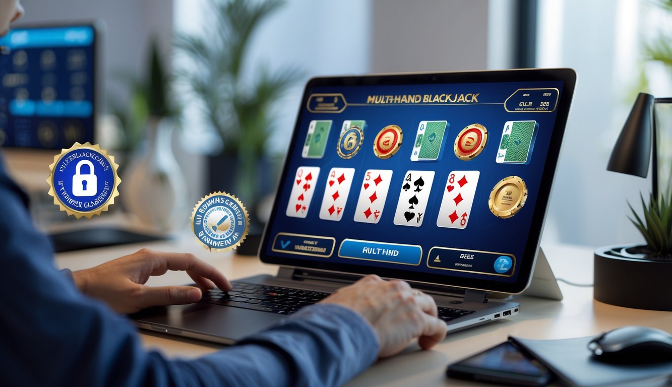 Seorang pemain menggunakan komputer dengan tampilan beberapa tangan blackjack online, di lingkungan yang rapi dan profesional.