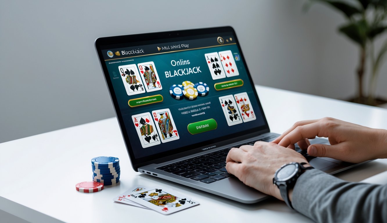 Seseorang bermain blackjack online dengan beberapa tangan kartu di layar laptop dan tumpukan chip di meja.