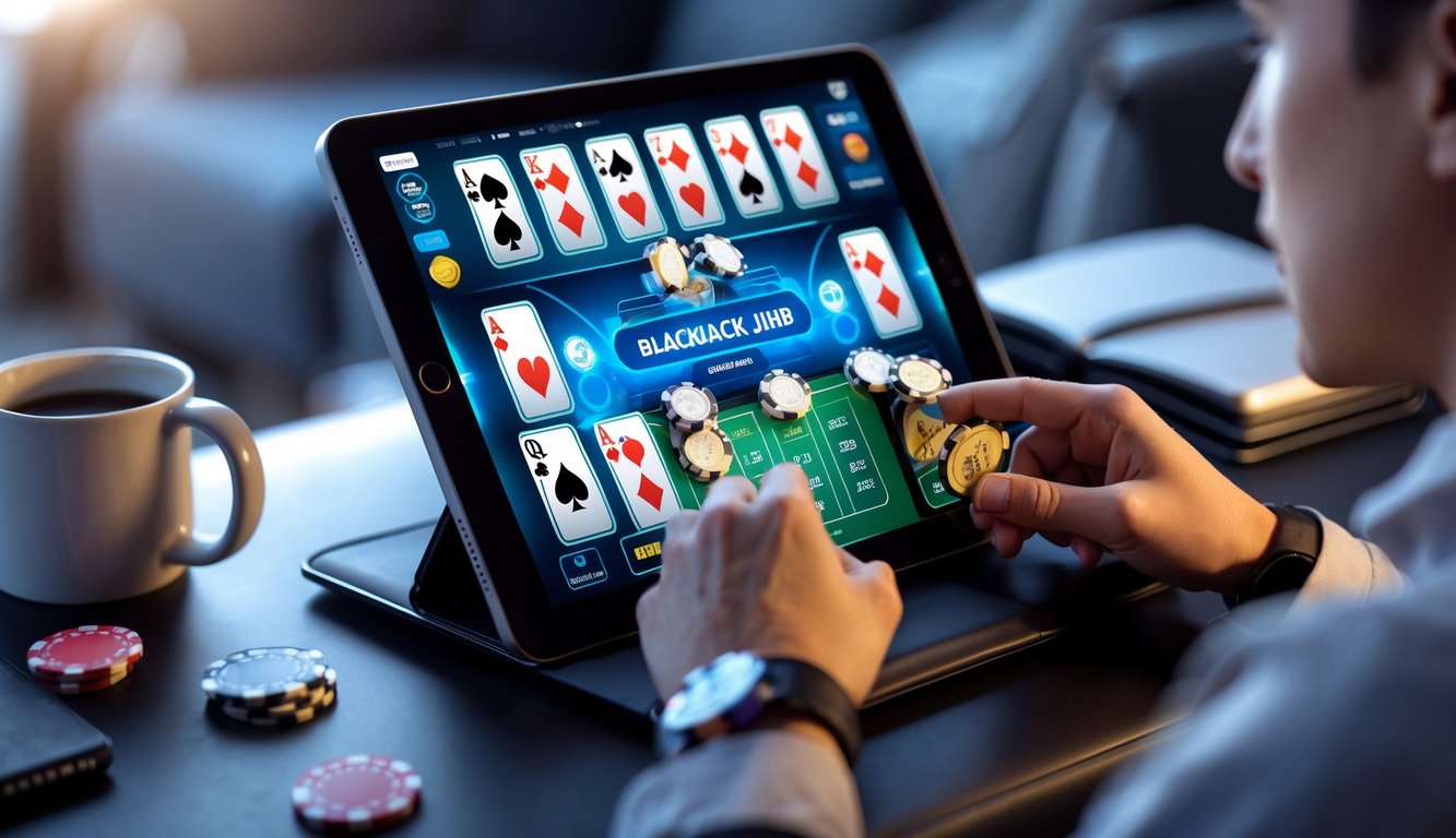 Seorang pemain fokus bermain multi-hand blackjack online dengan layar komputer yang menampilkan beberapa tangan kartu blackjack dan tumpukan chip di meja.