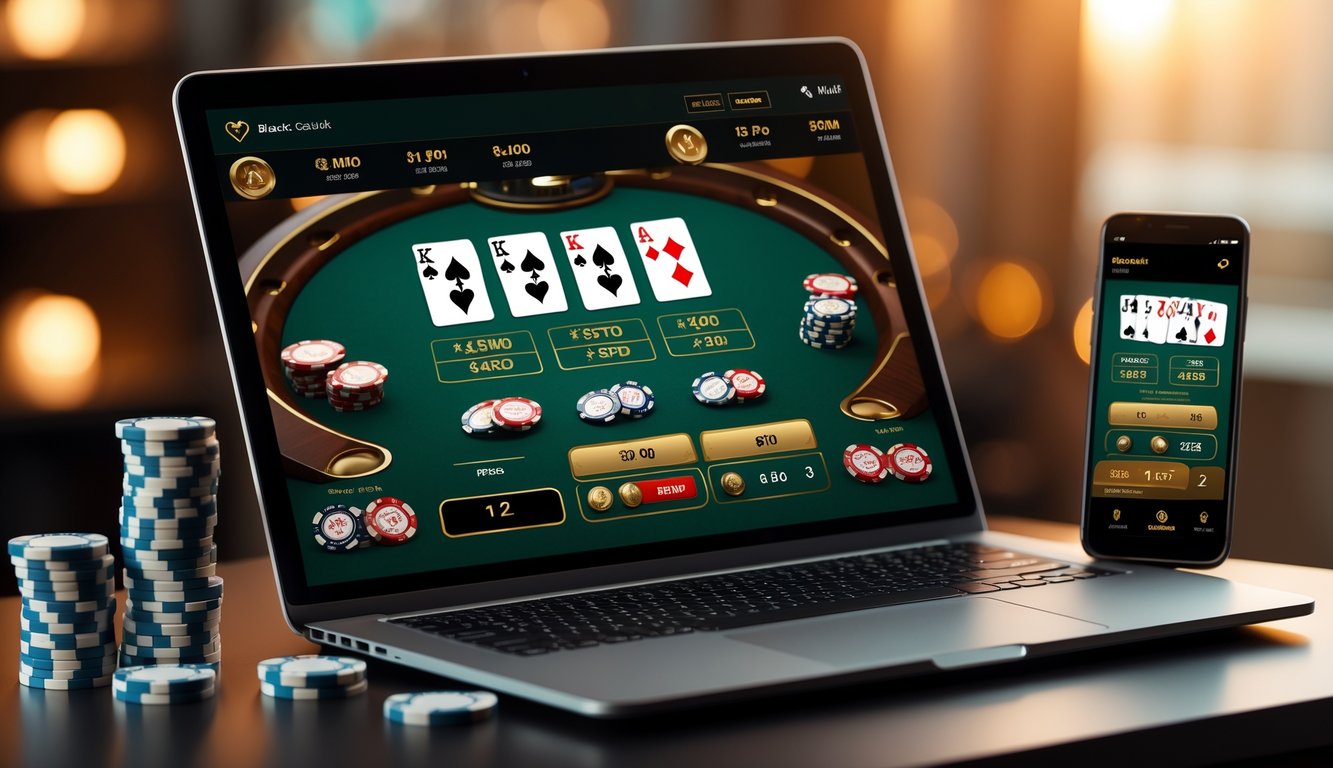 Sebuah laptop menampilkan permainan blackjack online dengan beberapa tangan kartu, dikelilingi oleh tumpukan chip poker dan ponsel di atas meja.