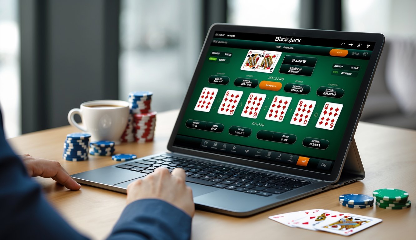 Meja dengan laptop yang menampilkan beberapa tangan blackjack, dikelilingi chip poker dan kartu remi, dengan suasana yang tenang dan fokus.