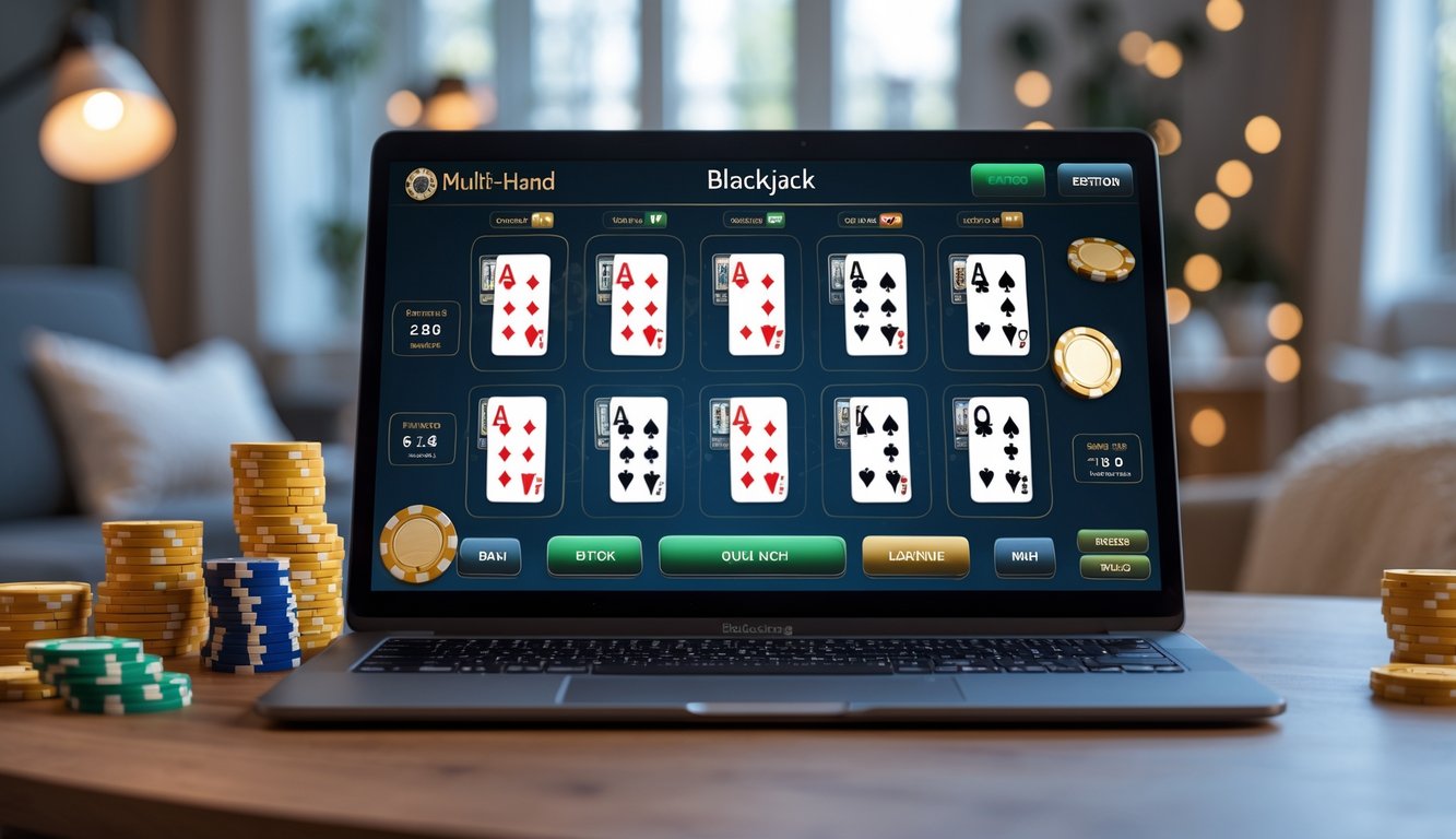 Seseorang bermain blackjack online dengan beberapa tangan kartu terlihat di layar komputer dalam suasana rumah yang nyaman.
