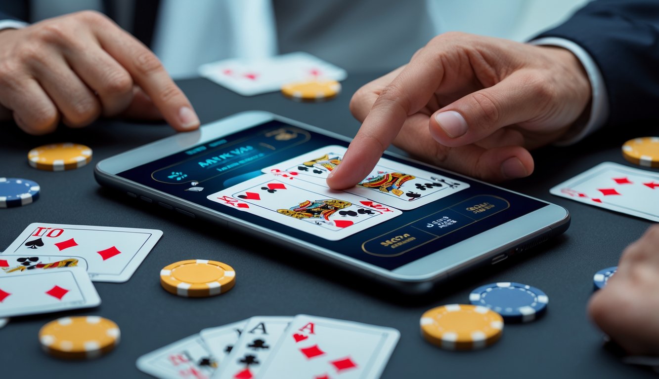 Layar perangkat digital menampilkan permainan blackjack online dengan beberapa tangan kartu, suasana modern dan profesional.