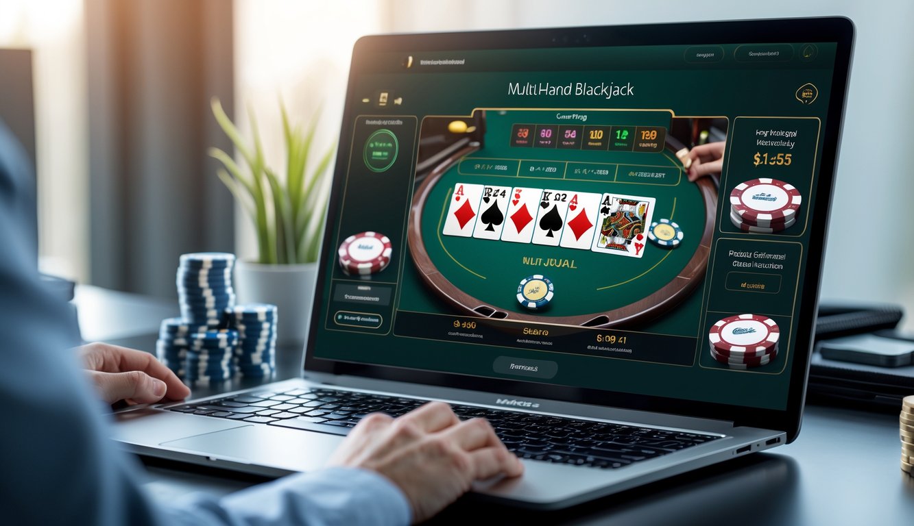 Seorang pemain judi online sedang bermain multi-hand blackjack di komputer dengan tumpukan chip dan ponsel di meja, menunjukkan suasana bermain yang stabil dan cepat.