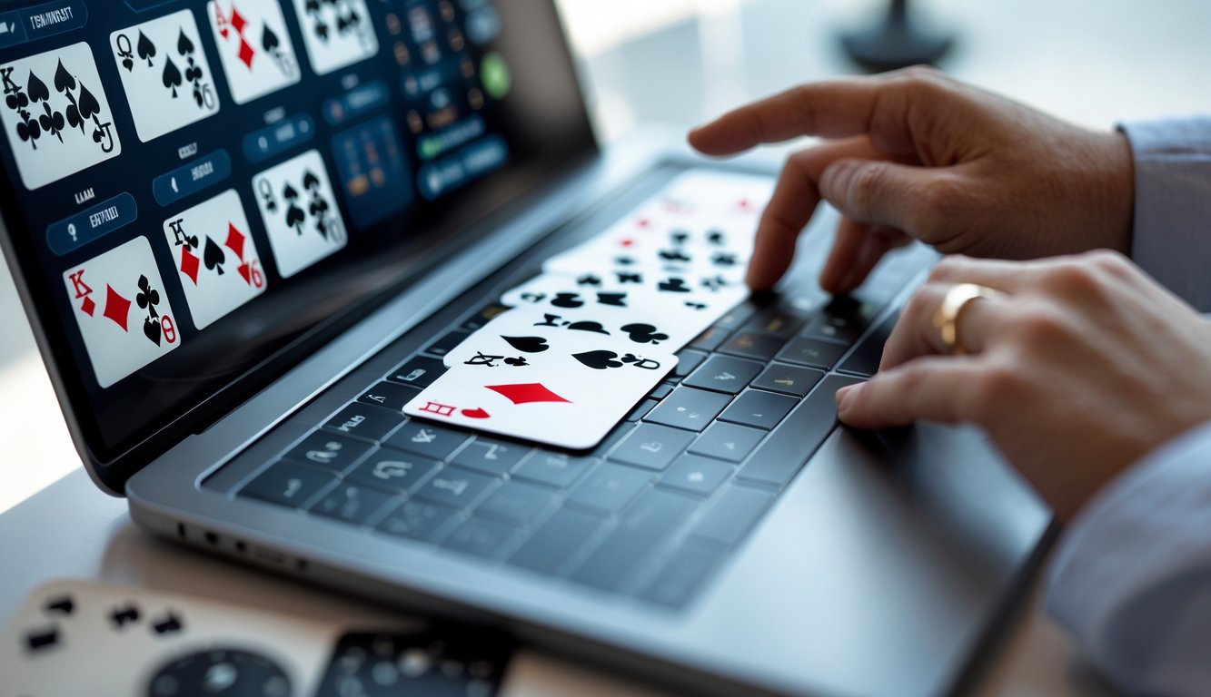 Seseorang bermain blackjack online dengan beberapa tangan kartu di layar perangkat digital.