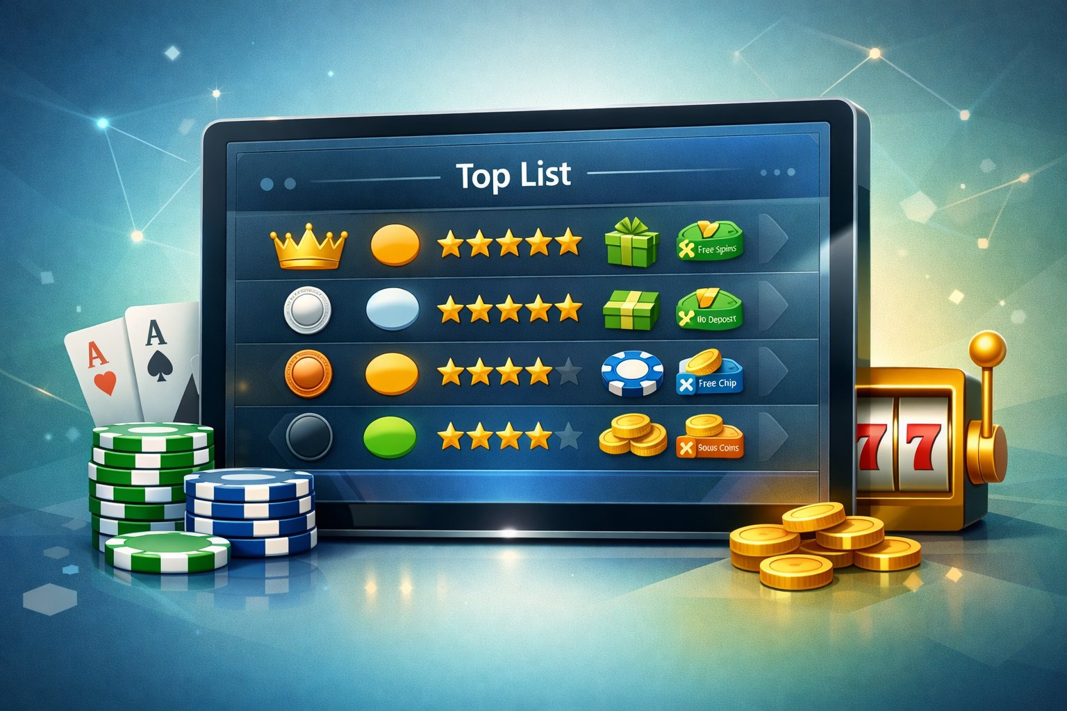 A Digital Device Displaying A Ranked List Of Casino Logos With Poker Chips And Playing Cards Around It.