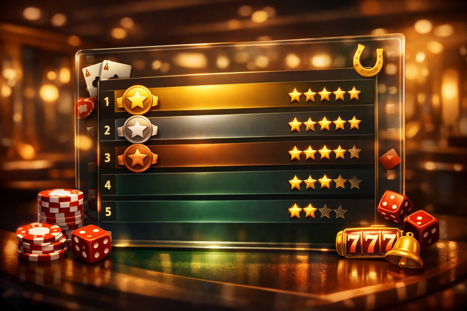 A Digital Leaderboard Showing Top Casino Bonuses With Icons Like Poker Chips, Cards, And Dice, Set Against A Softly Blurred Casino Background.