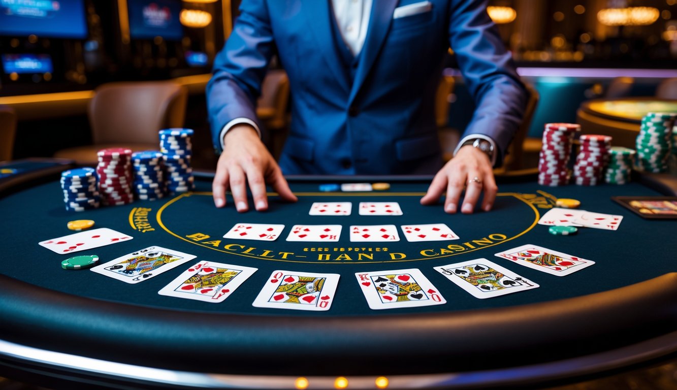 Seorang dealer kasino langsung sedang membagikan kartu blackjack di meja dengan beberapa tangan kartu di depan pemain.