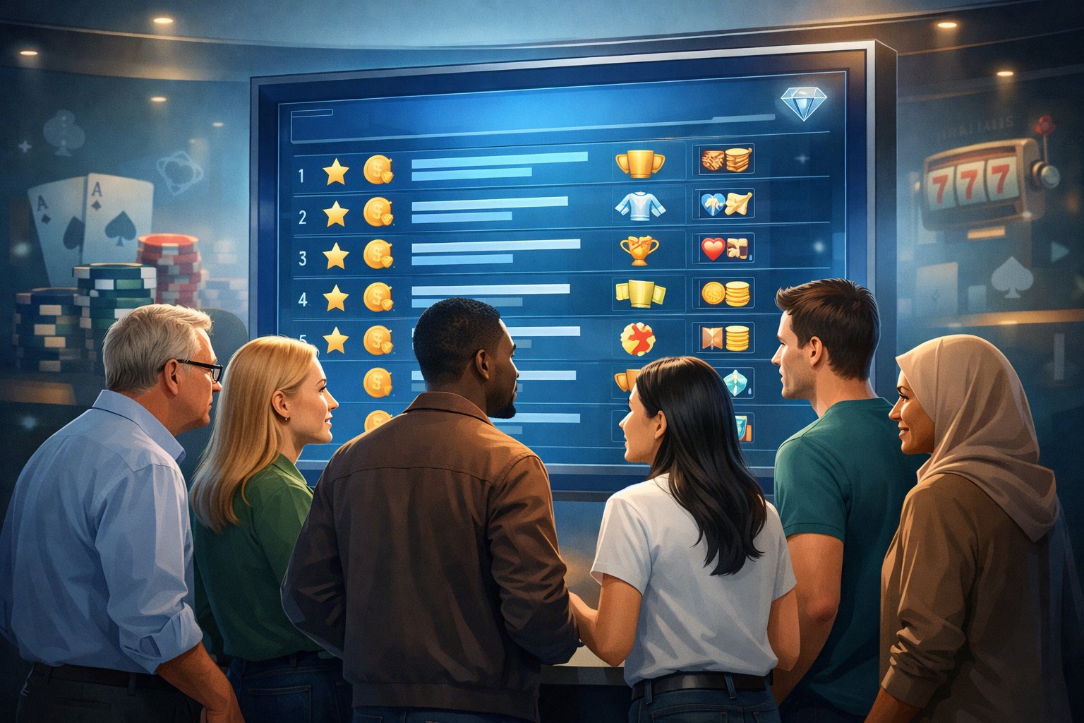 A Diverse Group Of People Looking At A Large Digital Screen Showing A List Of Top Casino Bonuses, Surrounded By Subtle CasinoThemed Elements.