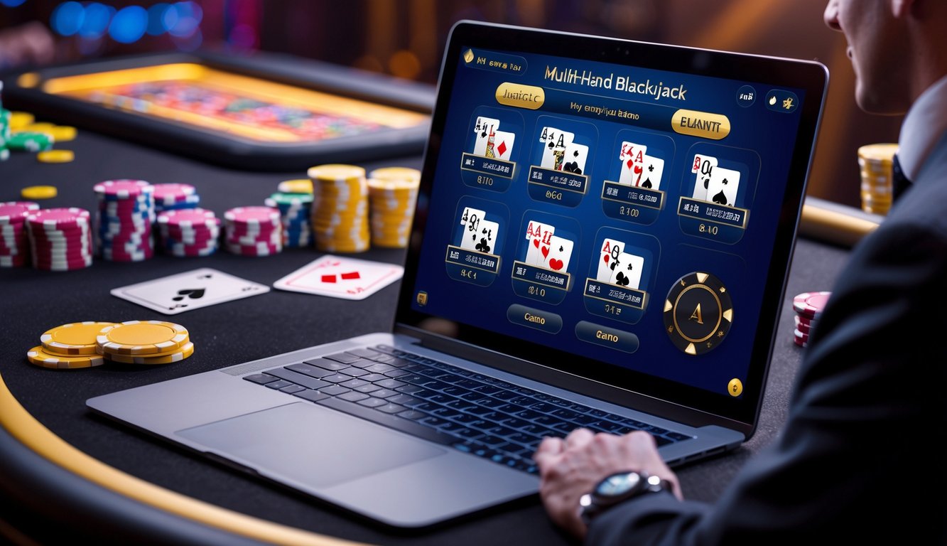 Seorang dealer live sedang mengelola permainan multi-hand blackjack online dengan beberapa tangan kartu terlihat di layar perangkat digital.