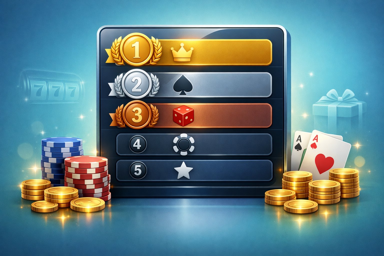 A Digital Leaderboard Showing Ranked Casino Icons With Badges, Surrounded By Casino Chips, Cards, And Coins.