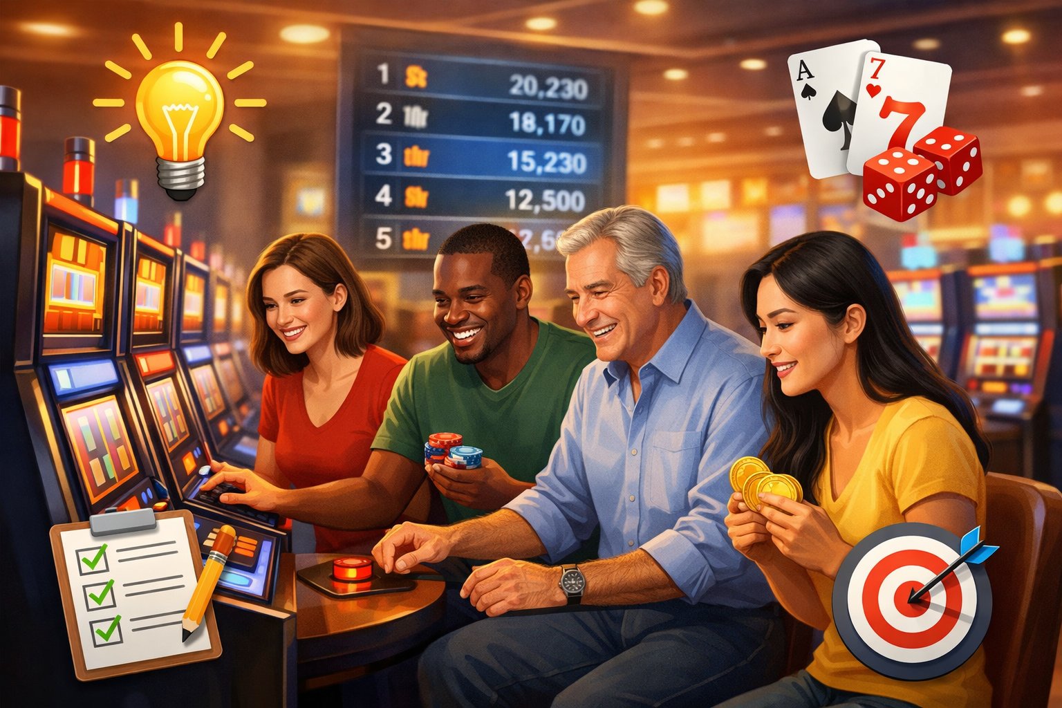 A Group Of People Playing Slot Machines Together In A Casino, With A Digital Leaderboard In The Background And Icons Representing Strategy And Learning Surrounding Them.