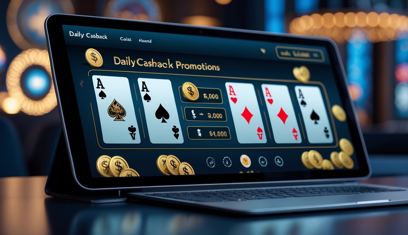 Tampilan layar komputer menampilkan permainan blackjack online dengan beberapa tangan kartu, suasana kasino online yang menarik.